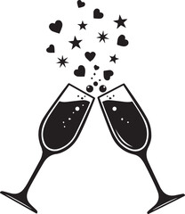 Two champagne glasses clinking with hearts and stars bursting upwards