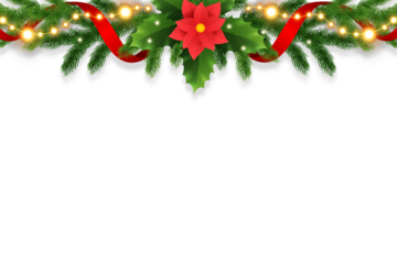 Festive Christmas border featuring pine branches, glowing lights, red ribbons, and a bright poinsettia flower, creating a cheerful holiday frame perfect for greeting cards, invitations, and seasonal 