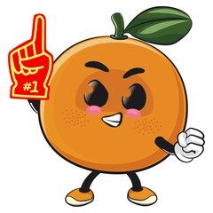 cute orange mascot character raise foam finger, happy mandarin fruit cartoon vector illustration, work of hand drawn