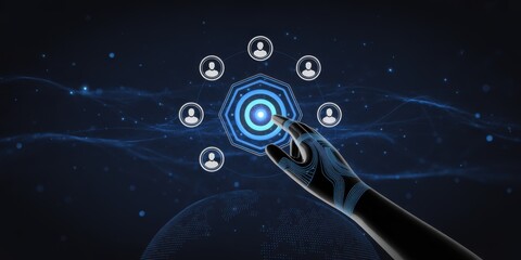 Digital Connection: A futuristic robotic hand touches a glowing interface, with human profiles representing a network.