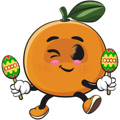 cute orange mascot character plays music with maracas, happy mandarin fruit cartoon vector illustration, work of hand drawn