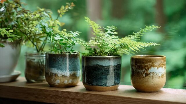 Plants growing in pots on wooden shelf