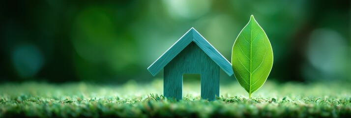 Eco-friendly green house model with a leaf on grass , symbolizing sustainable living, renewable energy, and environmental responsibility for a zero-waste lifestyle. Horizontal banner with copy space