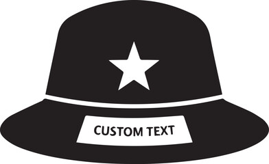 Black bucket hat with white star and custom text band