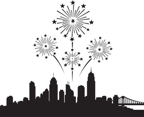 City skyline silhouette with fireworks celebration above buildings