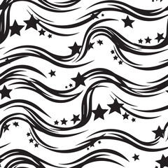 Abstract black and white swirling lines and stars pattern