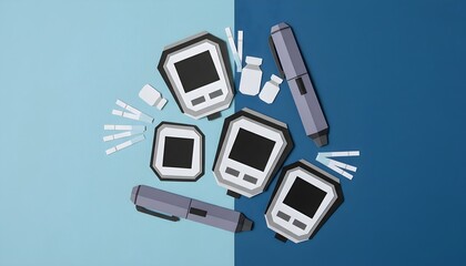 Diabetic Supplies Paper Cut Flat Lay, Blood Glucose Monitoring Devices and Pens, Diabetes Management Paper Art Concept