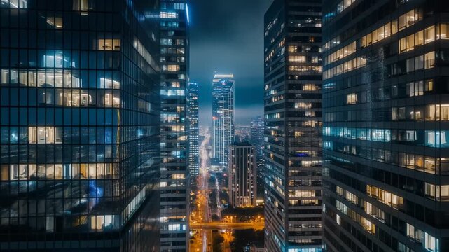 Modern city skyscrapers at night with glowing windows and illuminated streets reflecting urban energy and business activity