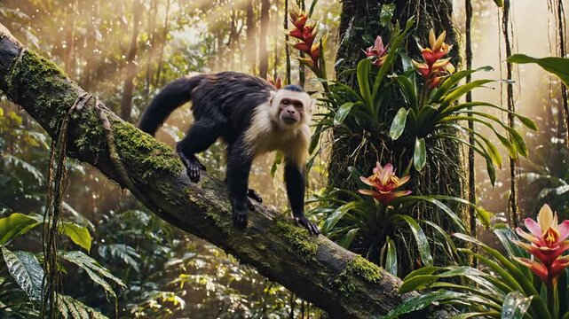 Sunlit rainforest scene a lively monkey perches on a mossy branch amid bromeliads and soft flowers