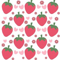 Cute Strawberry and Flower Dense Pattern on White
