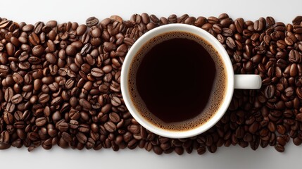 Fototapeta premium Top-view coffee cup surrounded by roasted beans, symbolizing energy, aroma, morning routine, cafe culture and premium quality. Perfect for coffee ads