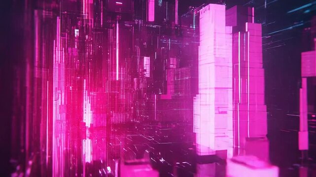 Abstract digital data stream with glowing pink and blue lights
