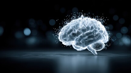 Abstract Digital Brain Representation on Dark Background with Glowing Particles and Bokeh Effect