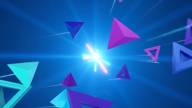 Dynamic 3D Geometric Triangles Moving on Glowing Electric Blue Background