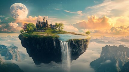 A magical floating island with a castle, trees, and a waterfall, all in a dreamy setting with clouds and a full moon in the sky.