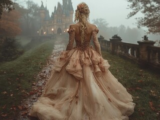 A woman in an exquisite gown approaches a majestic castle, shrouded in mist and fallen leaves. A solitary figure, conveying elegance and mystery.