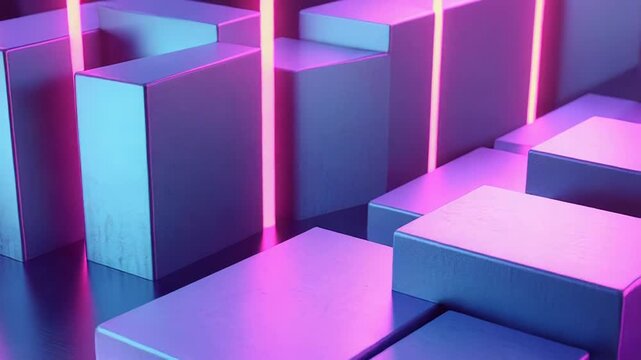 Interlocking geometric blocks creating abstract pattern with neon light