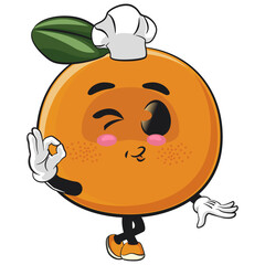 cute orange mascot character as chef give oke sign, happy mandarin fruit cartoon vector illustration, work of hand drawn
