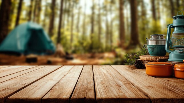 Panoramic banner with blurred natural forest background, tent and campers, foreground blurred brown wooden tabletop with camping gear, ideal for outdoor product display and mock-up projects.