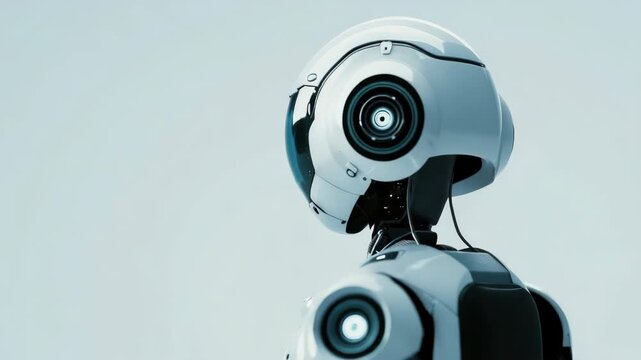 Futuristic robot with humanoid head and torso, set against light blue background