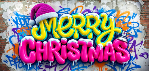 Vibrant Merry Christmas Graffiti with Santa Hat on Urban Wall