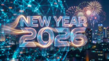 Futuristic New Year 2026 Celebration with Cityscape