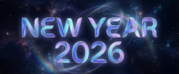New Year 2026 Futuristic Iridescent Text in Cosmic Space