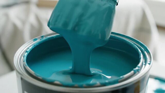 Vibrant Teal Paint Can with Brush Ready for Action
