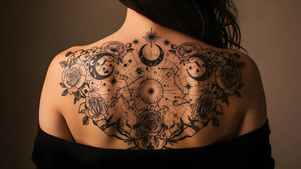 Elegant portrait showcasing a woman&rsquo;s back tattoo, captured using soft side lighting to highlight skin texture and ink details