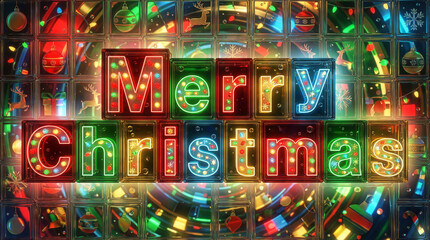 Merry Christmas Neon Glowing Letters with Holiday Decor Background