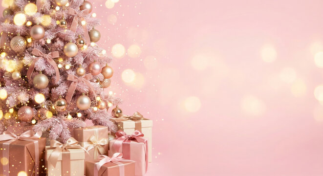 Sparkling Pink Christmas Background with Frosted Fir Branches, Crystal Ornaments, and Pink Berries - Festive Holiday Frame