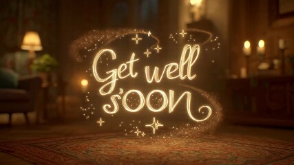 Get Well Soon of magical sparkling handwritten text with fairy dust in a cozy, warm-lit living room