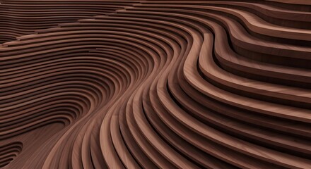 Abstract rendering of undulating layered wooden curves forming a complex topographical pattern in brown hues
