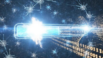 Training model progress bar with digital binary code, neural network connections, DNA strand, glowing data visualization, and futuristic technology concept in dark abstract background - Powered by Adobe