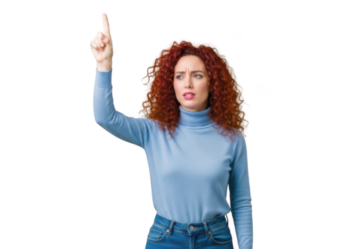 Woman with curly red hair pointing upwards with her right hand isolated on transparent background - Powered by Adobe