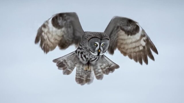 A majestic owl with wide wingspans, striking yellow eyes, and intricate grey and white feather patterns soars against a pale blue sky