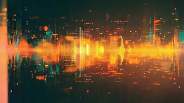 Digital sound wave reflecting futuristic data cityscape
