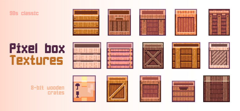 Pixel Art Wooden Crates Texture Set. Retro 8Bit Box Assets Collection for RPG Inventory, Platformer Props and Vintage Game Environment Design