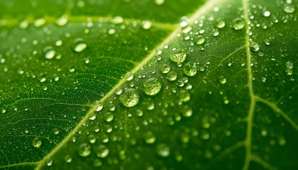 Close-up Macro Shot of Fresh Green Leaf Texture with Water Droplets
