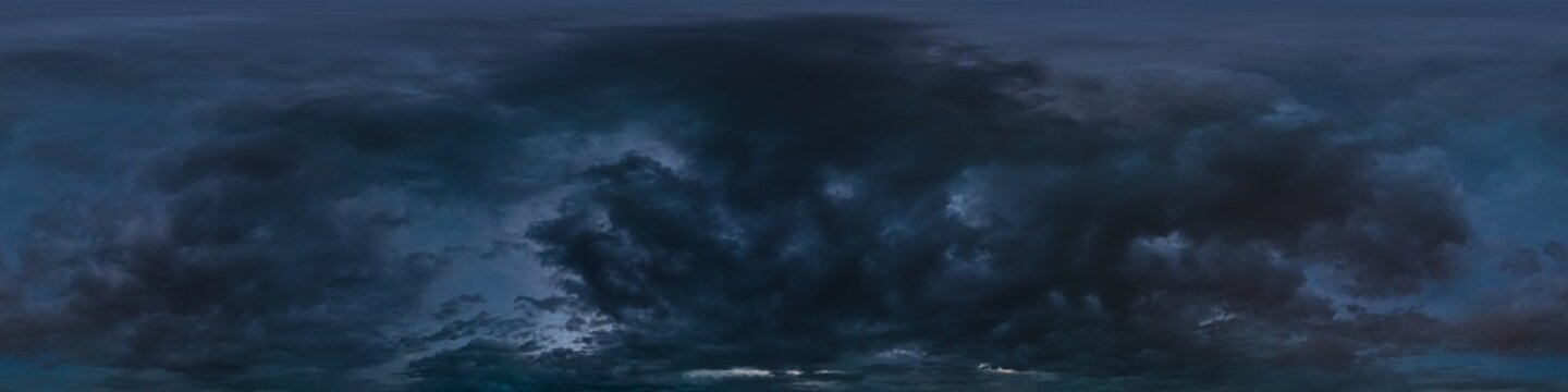 Dark moody rain clouds in dramatic overcast sky. Seamless 360 HDR spherical panorama. Full zenith or sky dome in 3D environment, sky replacement for aerial drone panoramas. Climate and weather change.