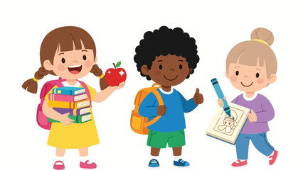 Cute diverse children with books and art supplies ready for school, promoting education and creativity