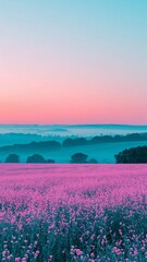 Pink flower field stretching to misty blue hills under a soft pastel sky at dawn or dusk