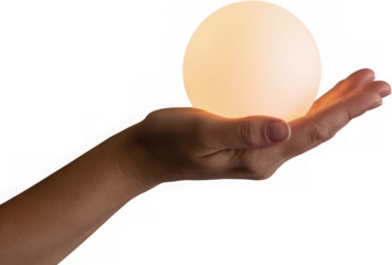 Hand holding a glowing orb of light against a dark background