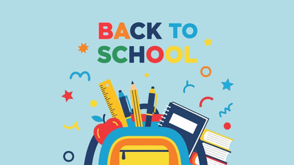 Dynamic 'Back to School' illustration with a packed backpack and educational items, conveying enthusiasm for the new academic year and the journey of learning