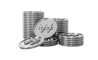 Stacks of gleaming silver South Korean Won coins on a clean background.