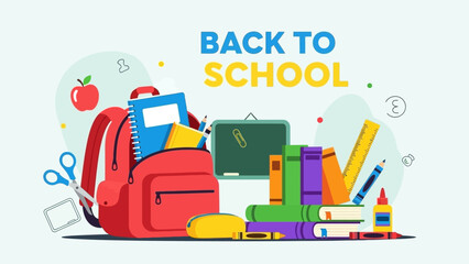 Fototapeta premium Vibrant 'Back to School' illustration showcasing a red backpack filled with essential school supplies, stacked books, and stationery, symbolizing the excitement of starting a new academic year