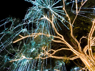 Magical night view of decorative tree with bright illumination. enchanting golden light creates festive, joyful, and celebratory atmosphere for holiday season