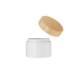 Empty white cream jar with floating wooden lid for product display.