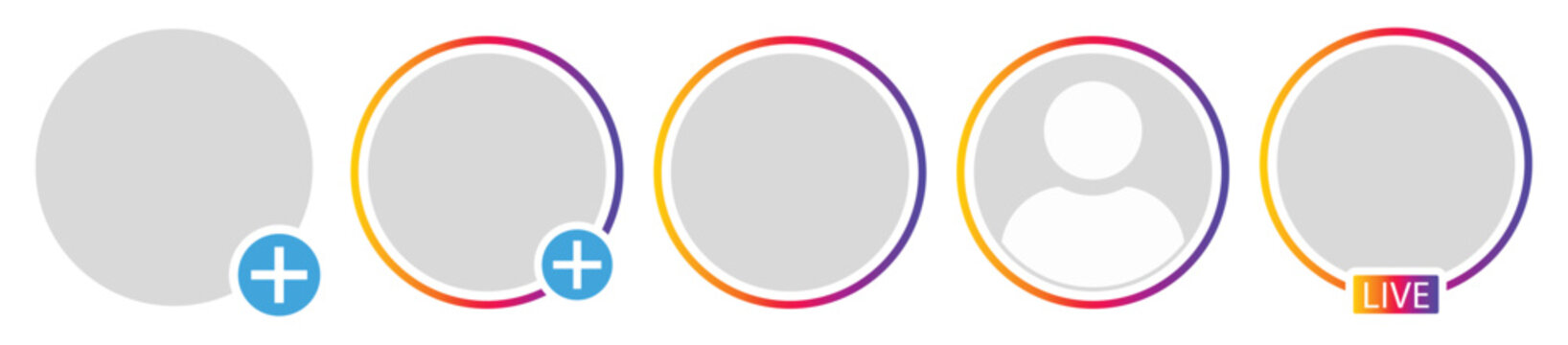 Set of Instagram stories and live streaming icons.  live streaming on social media, new story, live stream, user, blog, and live buttons.