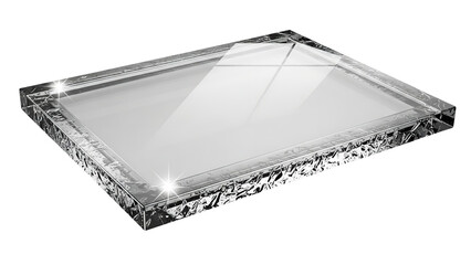 Rectangular slab of clear polished crystal or thick glass with a rough textured metalliclooking base on a stark for design elements on transparent background